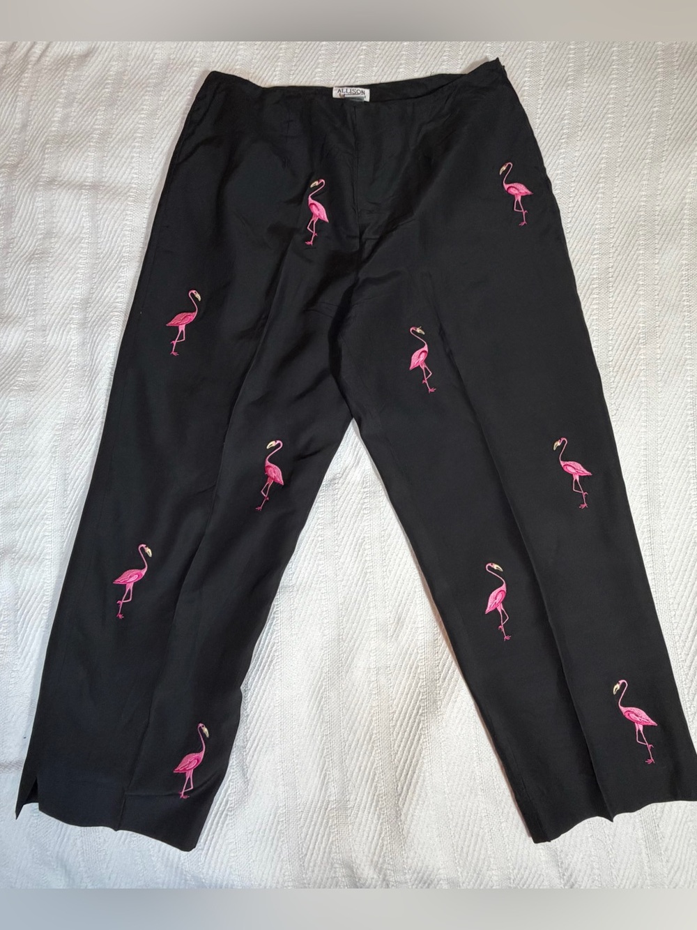 Vintage Black Silk Cotton Pants 10 Crop Embroider Pink Flamingo Allison Taylor